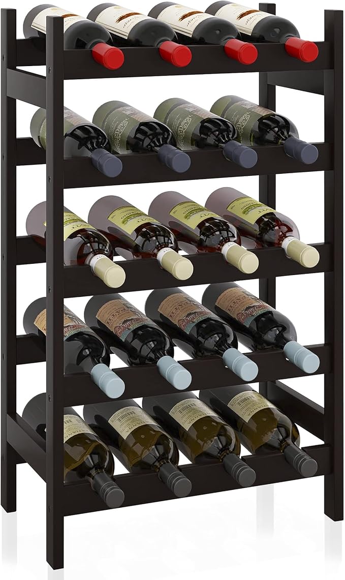 SMIBUY Bamboo Wine Rack, 20 Bottles Display Holder, 5-Tier Free Standing Storage Shelves for Kitchen, Pantry, Cellar, Bar (Black)