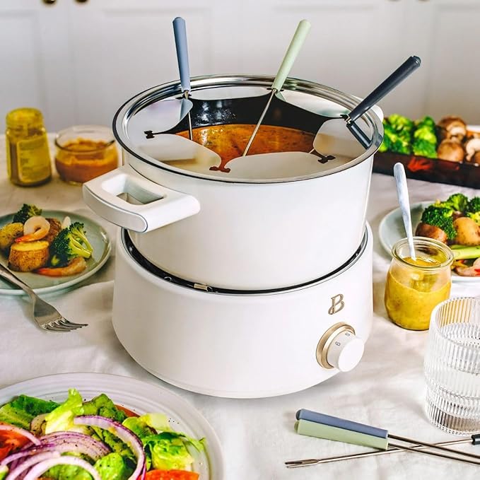Beautiful 3-Quart Electric Fondue Set, Stainless Steel & Ceramic Insert, Nonstick, Adjustable Temp (White Icing)