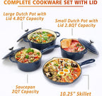 Hisencn Enameled Cast Iron Cookware Set - 7 Piece Set of Dutch Ovens, Sauce Pan, Skillet, 3 Lids, Dutch Oven Set, Ceramic Coated Cast Iron, Heavy Duty, Gas/Induction Compatible (Navy)