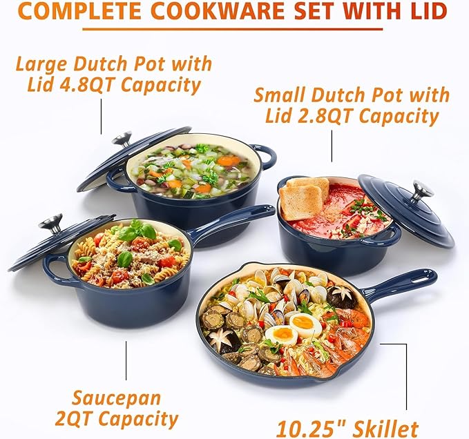 Hisencn Enameled Cast Iron Cookware Set - 7 Piece Set of Dutch Ovens, Sauce Pan, Skillet, 3 Lids, Dutch Oven Set, Ceramic Coated Cast Iron, Heavy Duty, Gas/Induction Compatible (Navy)
