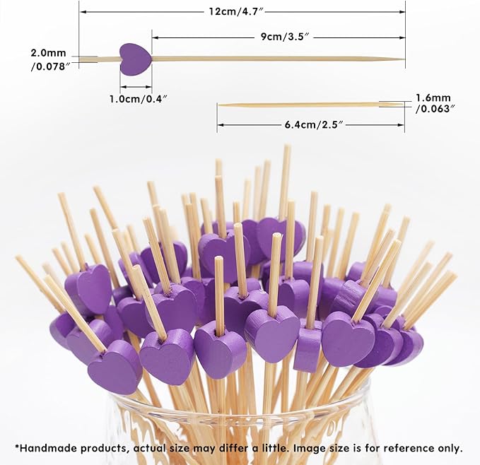 Minisland Purple Love Heart Cocktail Picks, 4.7 Inch Long Bamboo Fancy Toothpicks for Appetizers, Decorative Bridal Shower Wedding Valentines Party Food Drinks Fruit Skewer Sticks 100 Counts -MSL443