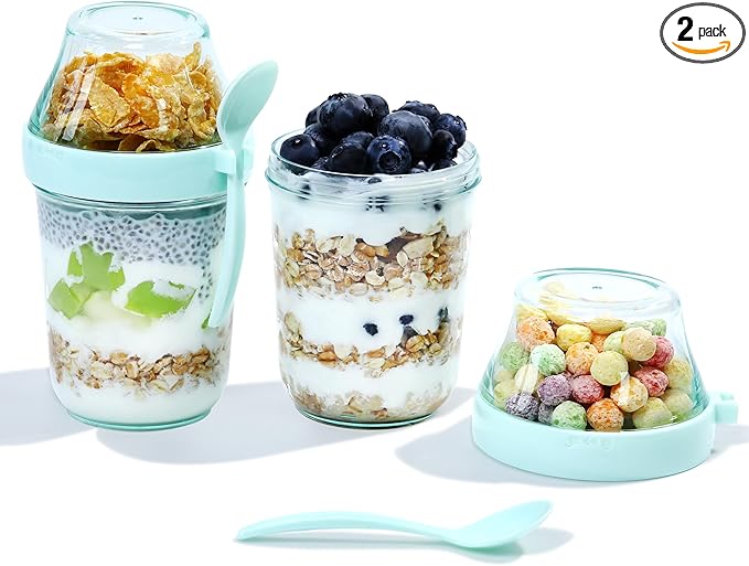 Felli On the Go Yogurt Parfait Snack Cups with Lid, Reusable Acrylic Travel Jars for Chia Pudding, Portion Control Breakfast & Lunch Containers, Small Fridge Food Storage (2, Green)
