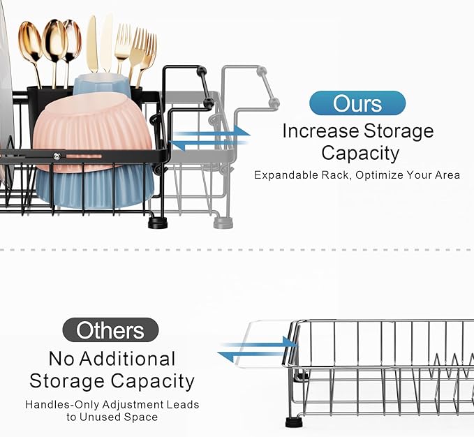 iSPECLE Dish Drying Rack with Sink Mat - Expandable Capacity in Sink Dish Rack for Kitchen RV Apartment, Large, Black