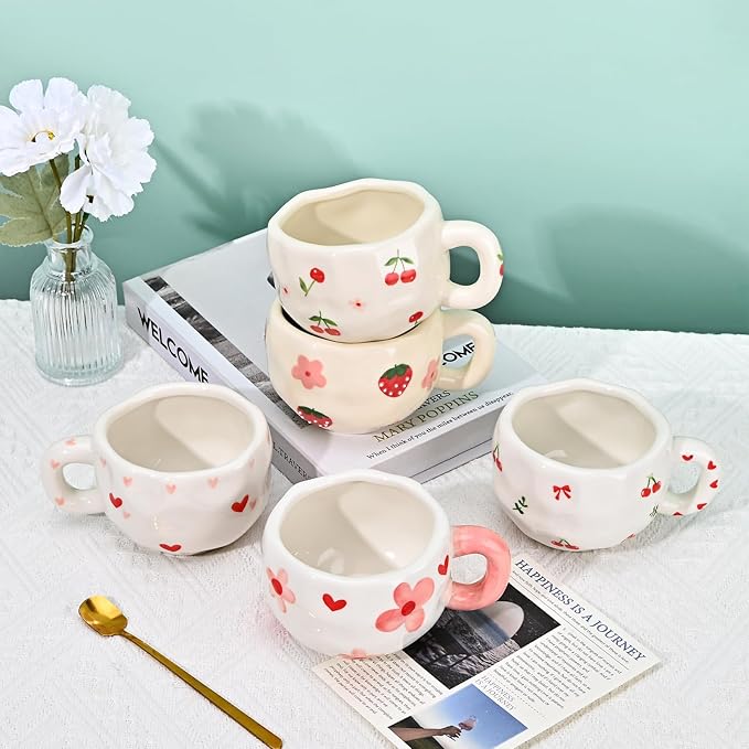 Koythin Ceramic Coffee Mug with Saucer Set, Cute Strawberry Flower Cup Unique Irregular Design for Office and Home, 10 oz/300 ml for Latte Tea Milk