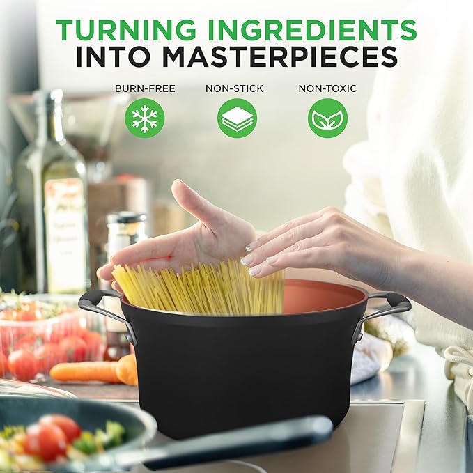 NutriChef 14-Piece Non-Stick Pots and Pans Set - Induction Ready Multi-Sized Cooking Pots with Lids, Small and Medium Frying Pans with Slotted Spatula, Pasta Server, Soup Ladle, Silicone Handles