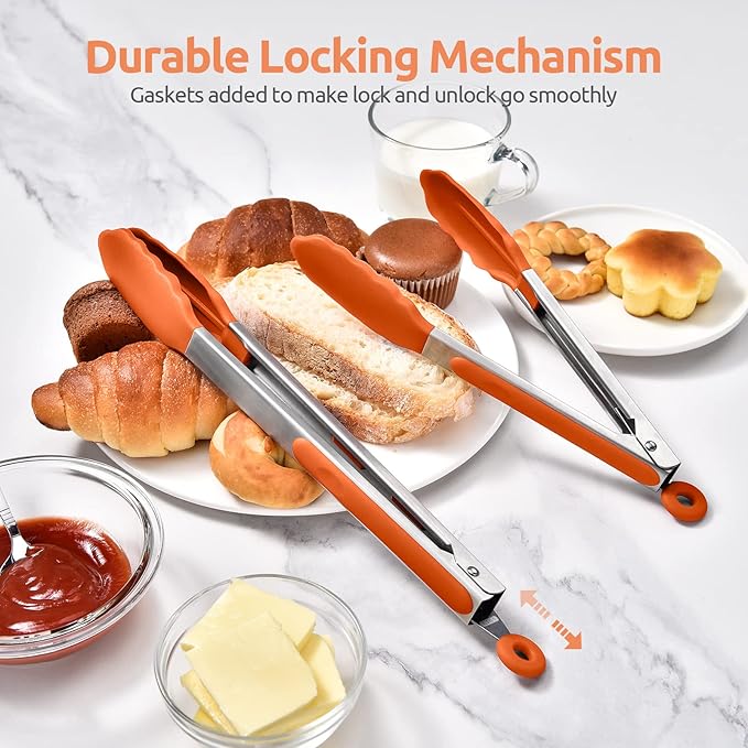 600ºF Heat Resistant Kitchen Tongs: U-Taste 9+12 inch Silicone Cooking Tong Set with Firm Sealed Non Stick Rubber Tips and Silicon Coated 18/8 Stainless Steel Handle for Serving Grilling Salad(Orange)