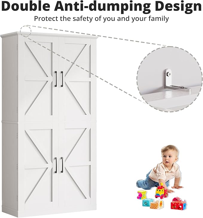 IRONCK Kitchen Pantry Storage Cabinet 72.8" H, 4 Barn Doors with Storage Rack, 4 Adjustable Shelves, Freestanding Cupboard for Dining Room Living Room, Laundry, White
