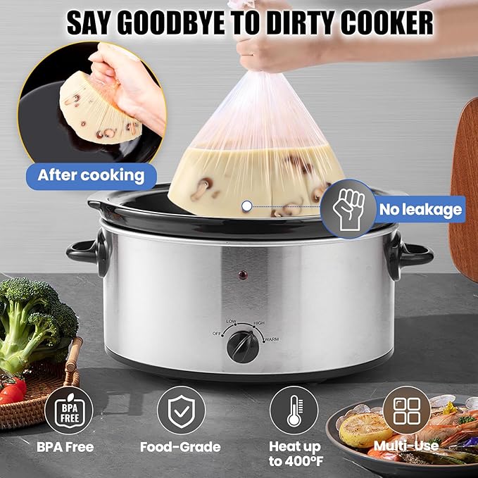 20 Count Slow Cooker Liners, 14"x22", Fits 3-8 Quarts, Disposable Pot Liners Compatible with Crockpot, Oval Large Size, BPA-Free Cooking Bags, Kitchen Accessories, Cook with Ease