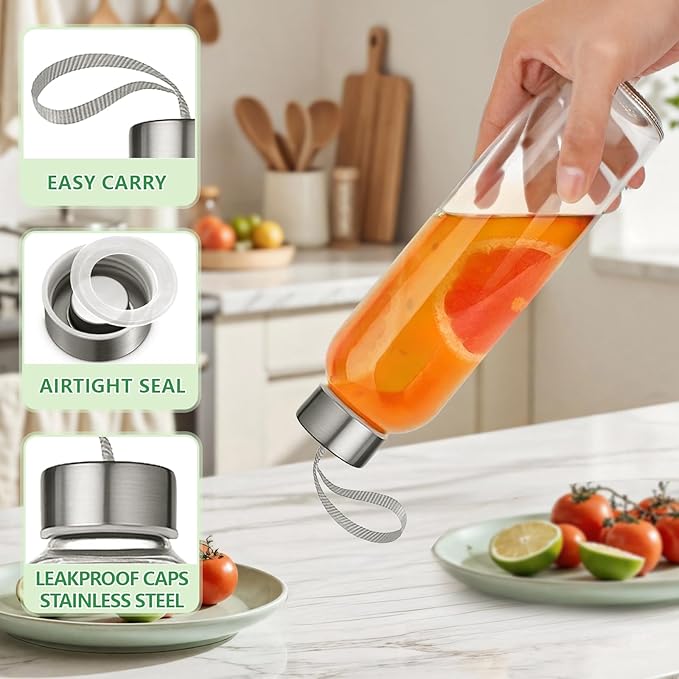 18oz Glass Juice Bottles with Lids Carry Strap, Reusable Glass Water Bottle BPA Free Leakproof Wide Mouth Smoothie Tea Coffee Cold Brew Storage Refrigerator Safe, 6 Pack