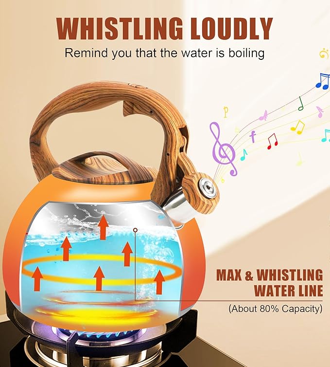 Tea Kettle Stovetop, 3.2Qt Stainless Steel Tea pots with Wood Grain Handle Food Grade Whistling Tea kettle,Induction/Gas Stoves (Orange-Red Gradient)