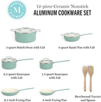 Martha Stewart Emmeline Premium Nonstick PFA Free Ceramic Interior 12 Piece Heavy Gauge Enamel Aluminum Pots and Pans Cookware Set - Teal