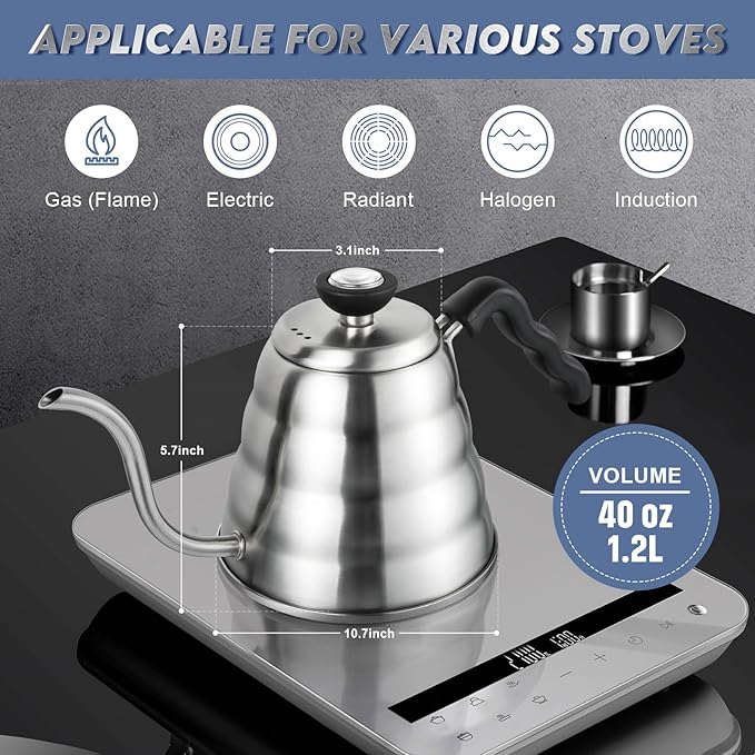 Pour Over Coffee Maker, 1.2L/40oz, Stainless Steel Gooseneck Kettle with Thermometer and 40pcs Filter Papers
