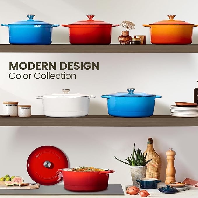 Chef Power Dutch Oven Pot with Lid 5QT, Enameled Cast Iron Dutch Oven for Bread Baking, Braising, Stews, Roasting, Oven Safe Dutch Ovens, Gradient Red