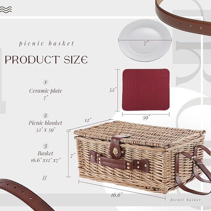 Picnic Basket Set for 4 with Waterproof Blanket Mat Insulation Bag Wicker Classic Vintage Retro Red Plaid Gift for Wedding Birthday Summer Camp Outdoor Camping Beach Travel Christmas
