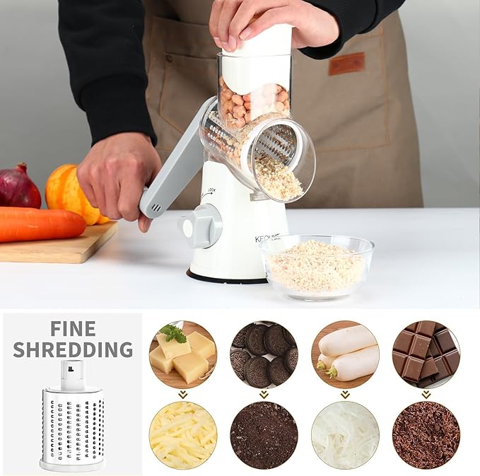 Cambom Rotary Cheese Grater Hand Crank Cheese Shredder for Fresh Cheese, Vegetable, Nuts,Non-slip Suction Base, Free Cleaning Brush Three Blades, White