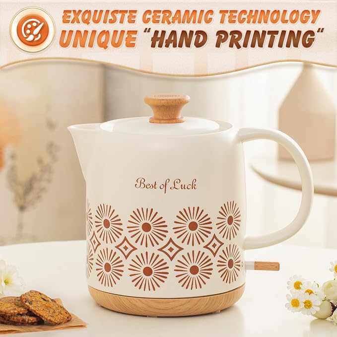 Ceramic Electric Kettle 1 Quarts, Automatic Shut Off, Porcelain Teapot, Hot Water Electric Boiler with LED Light, Boil Dry Protection, Short Spout 1000W Rapid Boiling Water for Tea Coffee