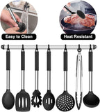 E-far Silicone Cooking Utensils Set, 7 Pcs Heat Resistant Kitchen Utensils with Stainless Steel Handle, Slotted Turner, Spoon, Soup Ladle, Pasta Server, Skimmer, Tongs for Nonstick Cookware, Black