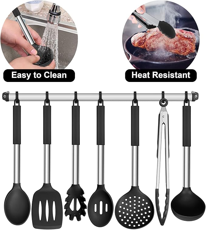 E-far Silicone Cooking Utensils Set, 7 Pcs Heat Resistant Kitchen Utensils with Stainless Steel Handle, Slotted Turner, Spoon, Soup Ladle, Pasta Server, Skimmer, Tongs for Nonstick Cookware, Black