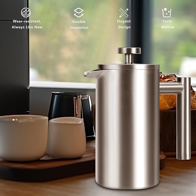 French Press 34 OZ, Durable Stainless Steel French Press Coffee Maker, Double-Wall Insulated Coffee Presses for Travel Camping Tea, Easy to Use, Dishwasher Safe (Silver Matte)
