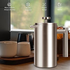 French Press 34 OZ, Durable Stainless Steel French Press Coffee Maker, Double-Wall Insulated Coffee Presses for Travel Camping Tea, Easy to Use, Dishwasher Safe (Silver Matte)