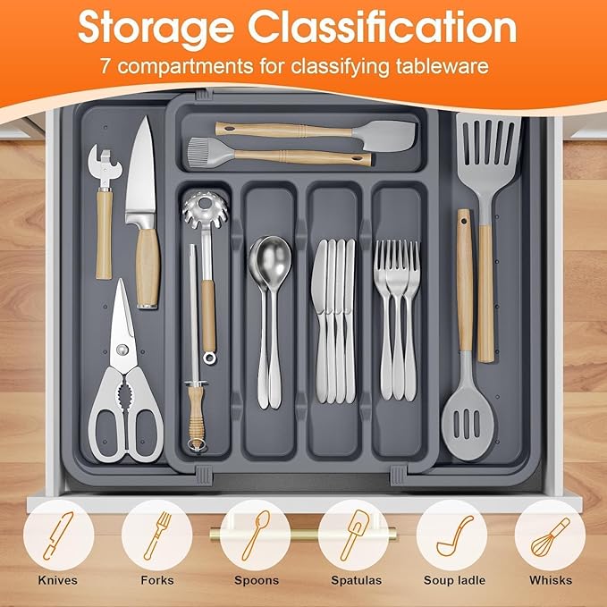 Silverware Organizer，Adjustable & Expandable Utensil Drawer Organizer, BPA Free Utensil Holder, Cutlery Tray for Forks, Spoons, Knives in Kitchen, Medium, Grey