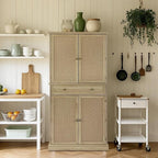 Garvee Pantry Cabinet, 72" Kitchen Pantry Storage Cabinet, Modern Farmhouse Kitchen Cupboard with Large Drawer, 2 Cabinets, 4 Adjustable Shelves, Freestanding Rattan Hutch for Dining Room Living Room