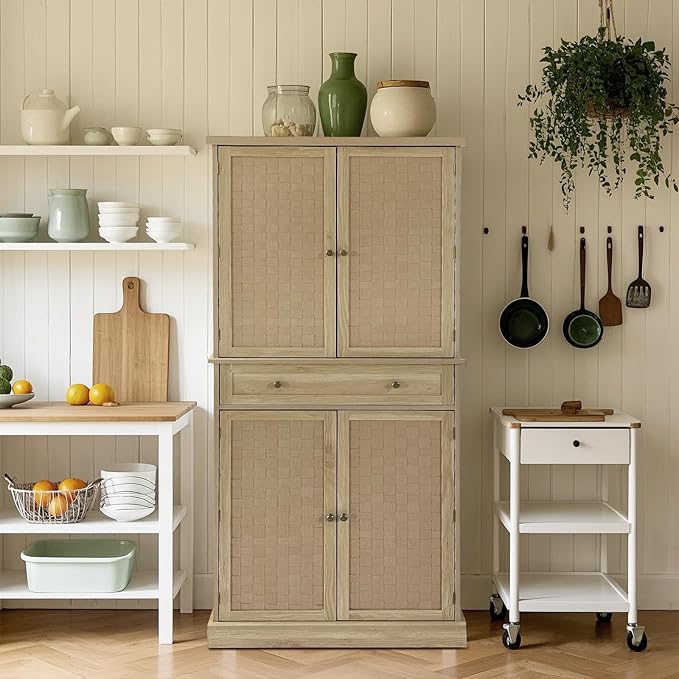 Garvee Pantry Cabinet, 72" Kitchen Pantry Storage Cabinet, Modern Farmhouse Kitchen Cupboard with Large Drawer, 2 Cabinets, 4 Adjustable Shelves, Freestanding Rattan Hutch for Dining Room Living Room