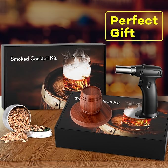 Whiskey Smoker Kit with Torch - 8 Natural Wood Chips Flavors, 2 Glasses, 2 Ice Molds - Cocktail Smoker Infuser Kit, Old Fashioned Smoker Kit, Birthday Bourbon Whiskey Gifts for Men, Dad