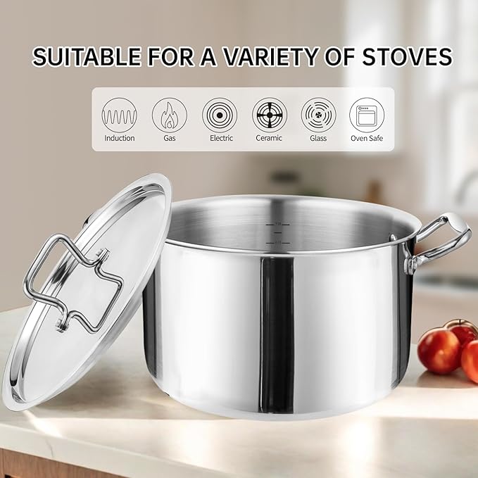 Whole-Clad Tri-Ply Stainless Steel Stockpot with Lid, 8 Quart Large Cooking Pot All Stove Compatible Up to 600℉, 18/8 Stainless Steel Kitchen Induction Ready Cookware