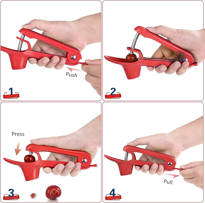 Cherry Pitter - Ordekcity Stainless Steel Cherries Corer Pitter Tool with Hand-held Push Design, Save Time & Space for Making Cherry Jam with Lock Design(Red)