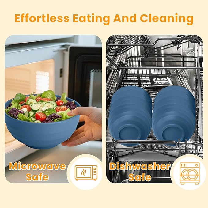 Homienly Deep Noodle Bowls Set of 8: 60oz Large Wheat Straw Bowls for Pho, Ramen & Salad, Lightweight & Unbreakable, Microwave Safe for Camping, Cereal & Soup (Blue)