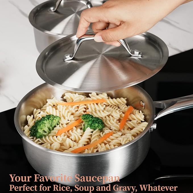 2 QT Saucepan with Lid,3-Ply Stainless Steel Saucepan,Professional Grade Cookware,Induction Compatible