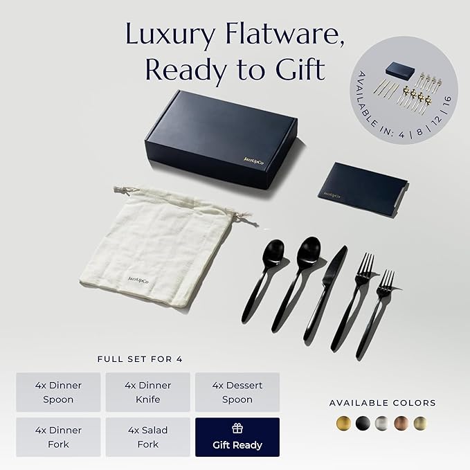 JazzUpCo Ava Flatware Flatware non toxic 18/10 stainless steel dishwasher safe (Matte Black, 4 Person Set (20 Pieces))