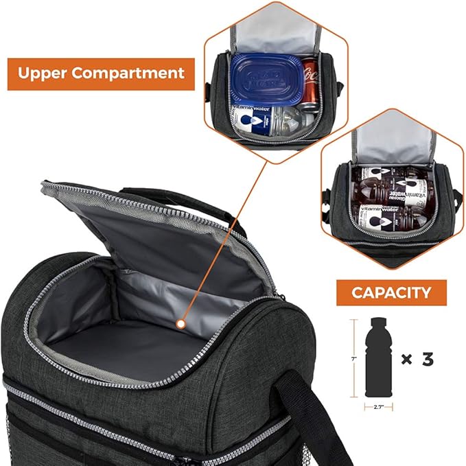 OPUX Lunch Box For Men Women, Insulated Large Double Decker Lunch Bag, Charcoal Gray, 10x7.5x10 Inches