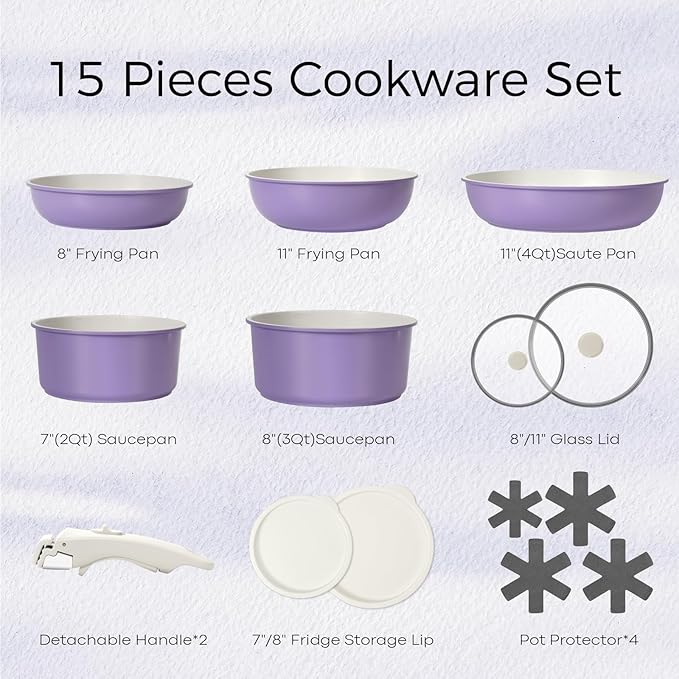 15Pcs Pots and Pans Set Non Stick, Cookware Sets with Detachable Handle, Nonstick RV Kitchen Cooking Tools Removable Handles, Oven Safe, Induction Fast, Stackable Induction Cookware, Purple