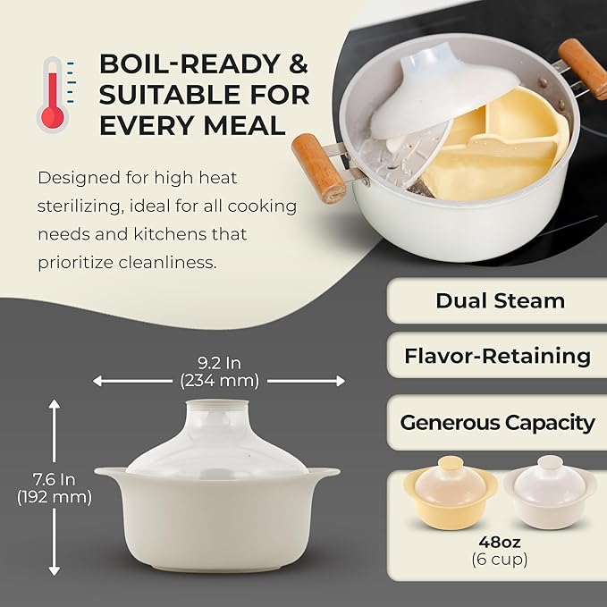 48oz Platinum Silicone 3 Compartmented Microwave Steamer Pot with Handle & Lid - Korean 100% Food-Grade Steamer Bowl, Heat-Resistant Cooker with Steam Holes, Easy Clean, Dishwasher Safe, Ivory