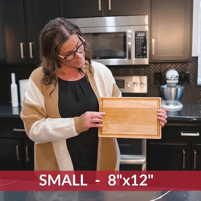 Made in USA Solid Maple Wood Cutting Board by Virginia Boys Kitchens - Butcher Block Wooden Carving Board with Juice Groove made from Sustainable North American Hardwood (8x12)