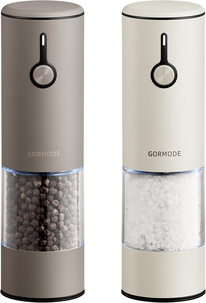 Stainless Steel Rechargeable Electric Salt and Pepper Grinder Set – USB Charging, One-Hand Electric Mill, Adjustable Coarseness, LED Light & Dust Cover – Brown + Cream
