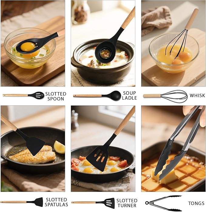 Silicone Cooking Utensil Set,12 PCS Cooking Cookware Kitchen Utensils Set, Nonstick 446°F Heat-Resistant Cookware Kitchen Tools of Spatula,Turner Tongs,Spoon,Brush,Whisk,（black）