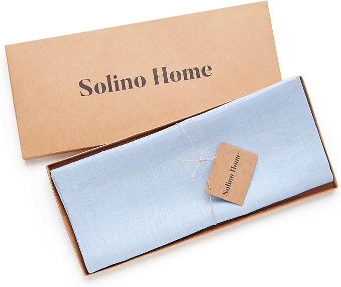 Solino Home Linen Sky Blue Table Runner 60 Inches - 100% Pure Linen Short Table Runner 14 x 60 Inch Ideal for Dresser and Coffee Tables - Summer - Fete