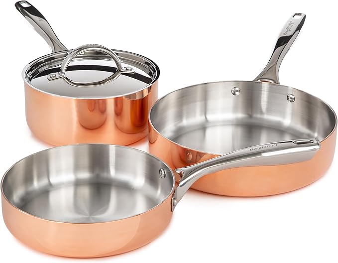 BergHOFF Copper Tri-Ply Cookware Set, Non-reactive 18/10 Stainless Steel, Fast, Evenly Heat, Gold Coated (4Pc-Polished)