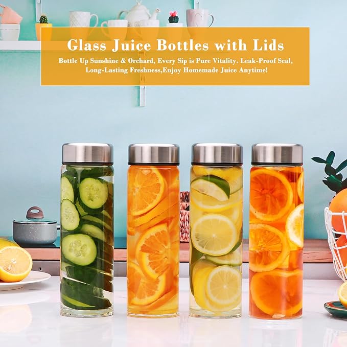 16oz Juice Bottles with Lids,4 Pack Wide Mouth Glass Bottles with Stainless Steel Cap,Reusable Glass Water Bottles for Juicing, Smoothies, Infused Water,Beverage Storage,BPA Free,Leakproof