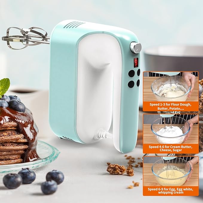 9-Speed Digital Hand Mixer Electric, 400W Powerful DC Motor, Baking Mixer Handheld with Snap-On Storage Case, 5 Stainless Steel Accessories, Flat Beaters, Dough Hooks, Whisk (Ice Blue & White)