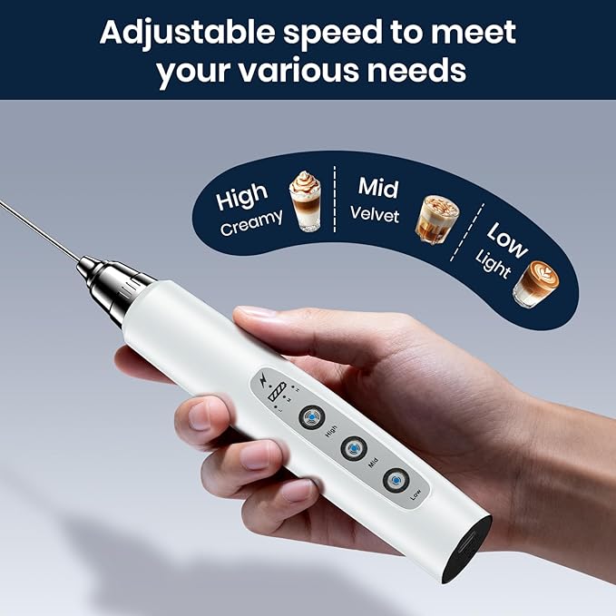 Milk Frother Rechargeable Handheld-Electric Whisk 3 Speed Adjustable, Coffee Frother Wand with 3 Stainless Whisks, Electric Foam Maker, Drink Mixer Blender for Latte Cappuccino Matcha Egg