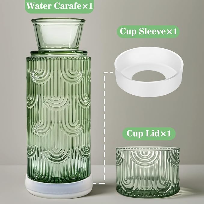 Bedside Water Carafe and Glass Set, 21.6oz Water Carafe with 6oz Glass Cup with Lid, Green