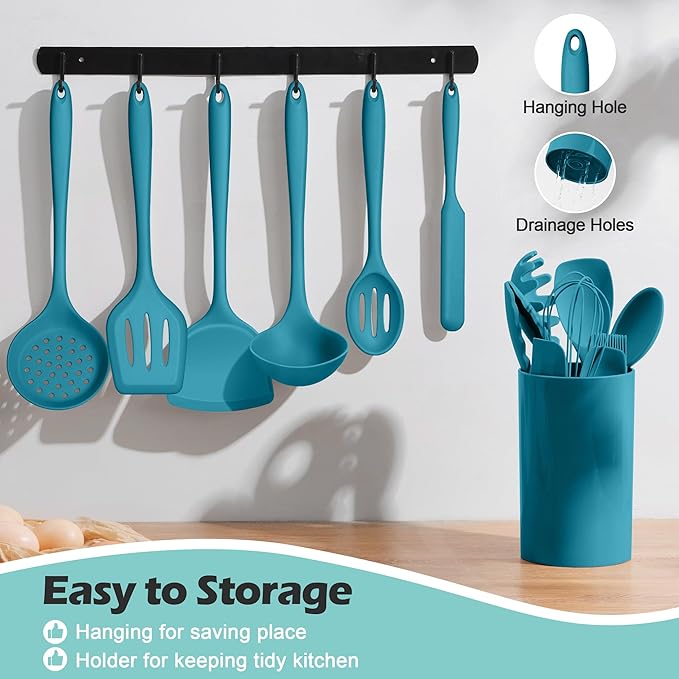 Homikit Silicone Cooking Utensils Set, 15-Piece Nonstick and Heat Resistant Kitchen Utensil Spatula Set with Holder, Kitchen Gadgets Home Essentials & Pots and Pans Accessories, Blue