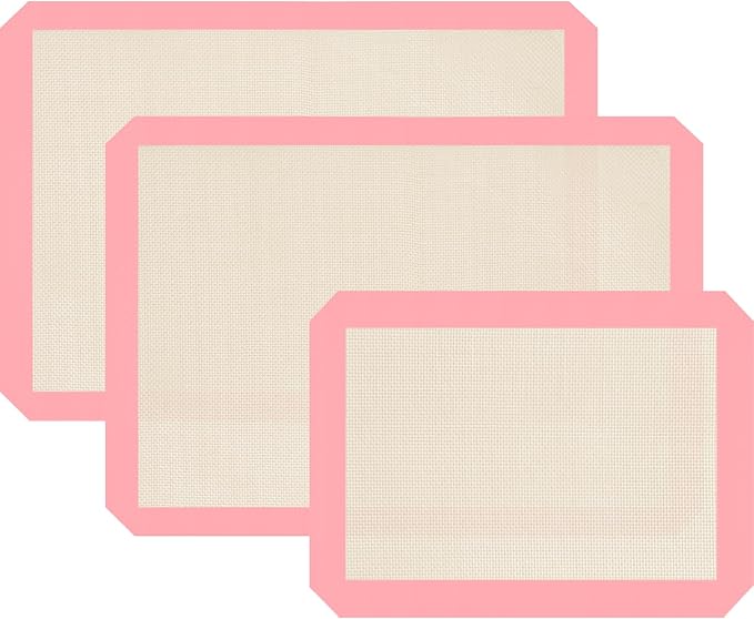 Silicone Baking Mat Set of 3, Silicone Baking Mats Cookie Sheet, Non-Stick Mats for Baking, Easy Clean & Reusable Oven Baking Sheet for Making Macaroons, Cookies (Pink)