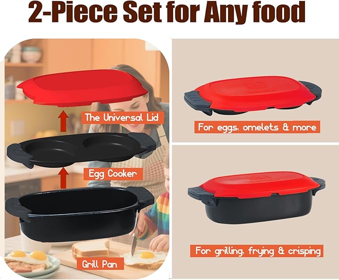 Quick-Heat Microwave Egg Cooker and 33 OZ Microwave Grill Combo | 2-Piece Breakfast Maker Set for Grilling, Frying, Crisping Meat, Bacon, Pancakes & Veggies | Dishwasher Safe & Non-Stick for Kitchen RV, Dorm, Office(Red)