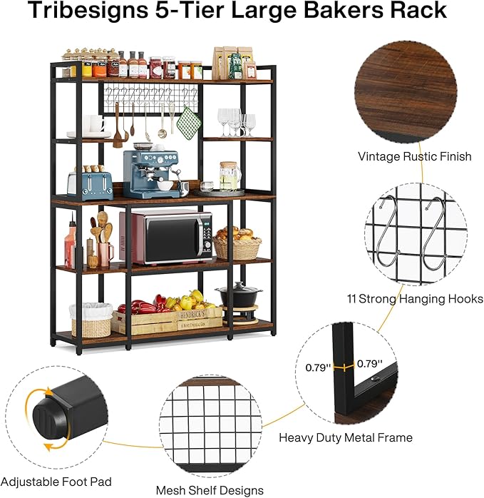 Tribesigns Large Bakers Rack, 55" Wide Kitchen Hutch Cabinet Microwave Stand with 11 Hooks, 5-Tier Baker’s Rack Kitchen Storage Shelf with Hutch, Rustic Brown