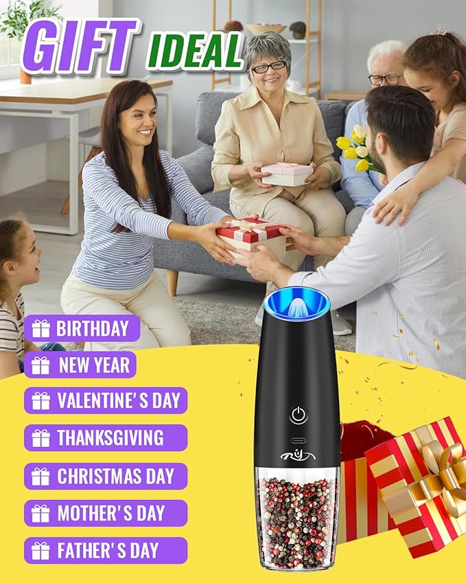 Rongyuxuan Upgraded Rechargeable Gravity Electric Salt and Pepper Grinder Set with LED lights,Stainless Steel Automatic Pepper or Salt Grinder Mill Shaker Refillable with Adjustable Coarseness,Black